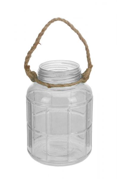 Felinar din sticla transparenta, forma borcan cu maner iuta